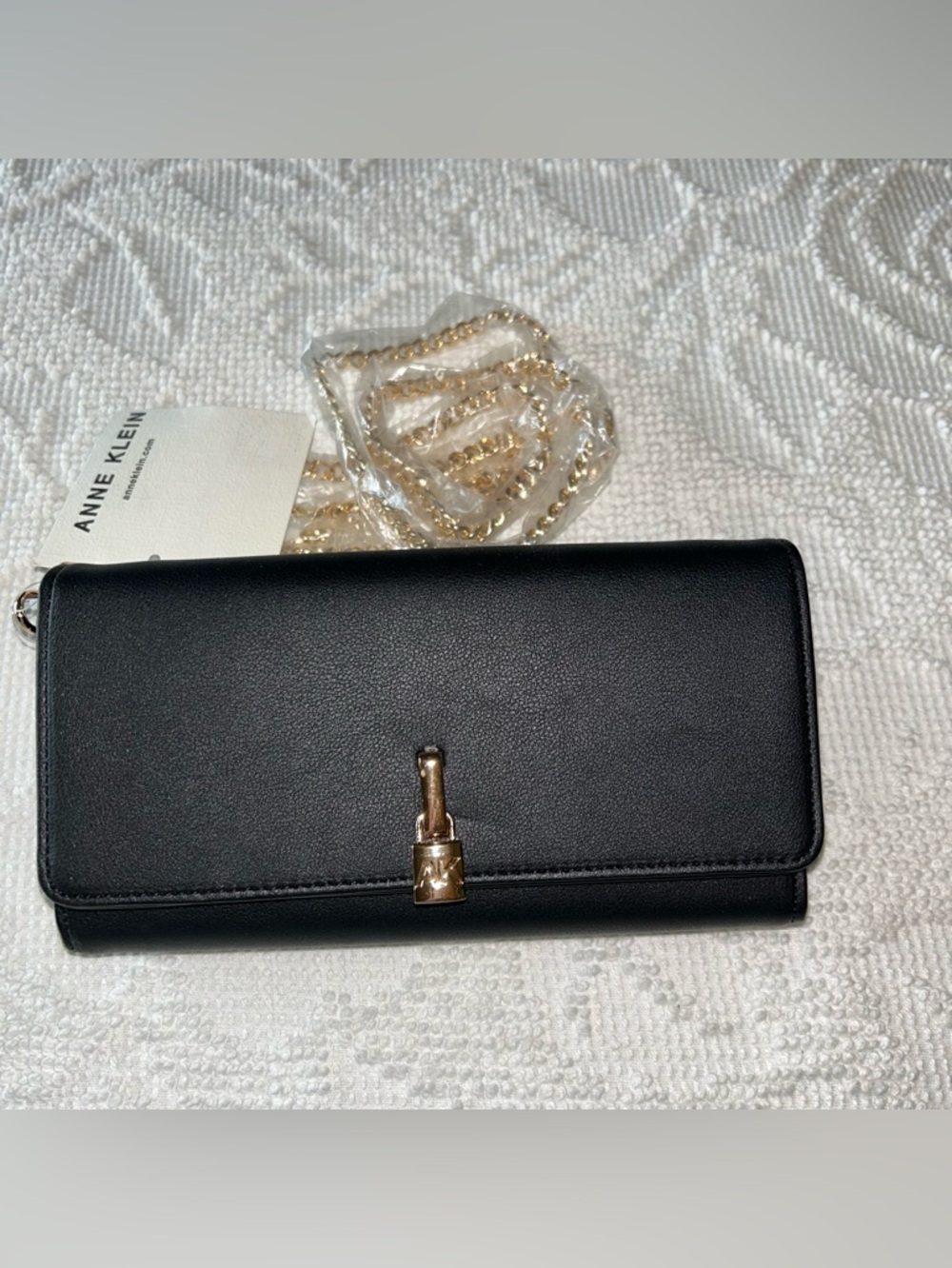 NWT Anne Klein Black Wallet On Chain Crossbody Clutch Gold Strap $65 Retail